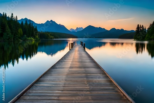 A rustic brown wooden dock stretches out into the shimmering body of water, reflecting the golden hues of the setting sun - AI Generative