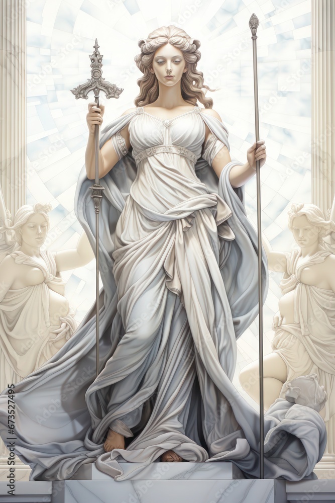 Obraz premium Monumental depiction of a goddess of justice with a scepter and lance in front of a radiant window, flanked by two female figures.