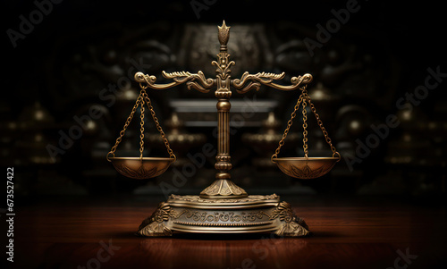 Antique styled golden scales of justice on a wooden table in the courtroom