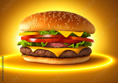 Online food delivery. Hamburgers on smartphone on yellow background 3d rendering. Generative AI