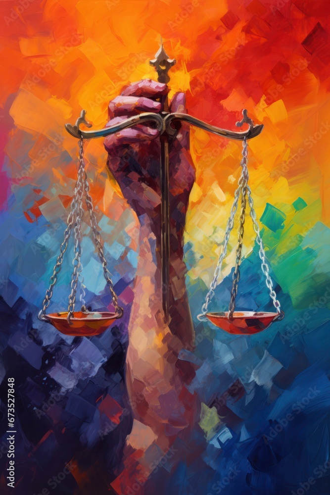 Abstract depiction of a scales of justice in vibrant reds and cool