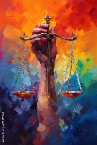 Abstract depiction of a scales of justice in vibrant reds and cool shades of blue