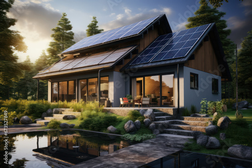 A new building features solar panels on its roof, underlining the principles of sustainable and clean energy at home. Generative Ai.