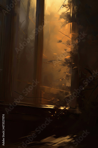 a painting of a window in a dark room. Expressive Topaz oil painting background