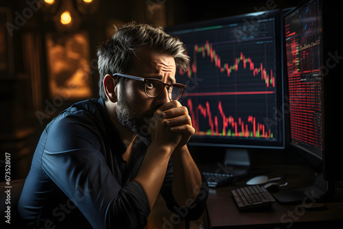 Depressed businessman in economic crisis with line graph showing negative trend photo