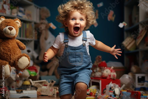 A cute and hyperactive white toddler playfully misbehaves by tossing items around in a studio setting, offering a glimpse of youthful exuberance. Generative Ai. photo