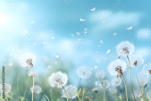 Spring background with white dandelions