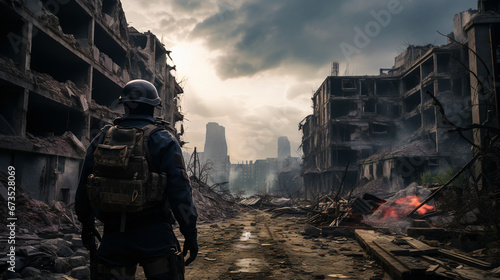 Soldier from behind with rifle in hand looks at the bombed city. War, war time. photo