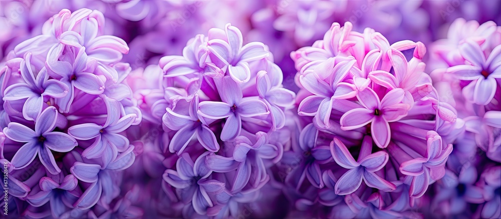 Macro closeup perspective of vibrant Hyacinth Violet blossoms Fragrance emanating from flourishing hyacinths representing the arrival of early spring Visual and tactile sensations Conveys t Macro closeup perspective of vibrant Hyacinth Violet blossoms Fragrance emanating from flourishing hyacinths representing the arrival of early spring Visual and tactile sensations Conveys t