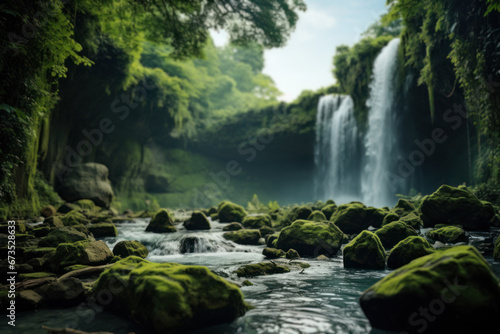 A majestic waterfall cascades down a rocky cliff, creating a breathtaking natural spectacle amidst lush green surroundings. Waterfall in the wilderness. Generative Ai. © Sebastian