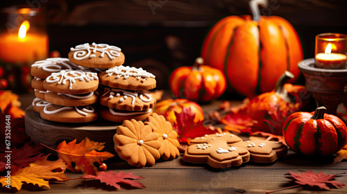 Homemade halloween holiday treats for kids. Gingerbread cookies on wooden board, decorated with pumpkins and autumn leaves. Cozy fall home atmosphere