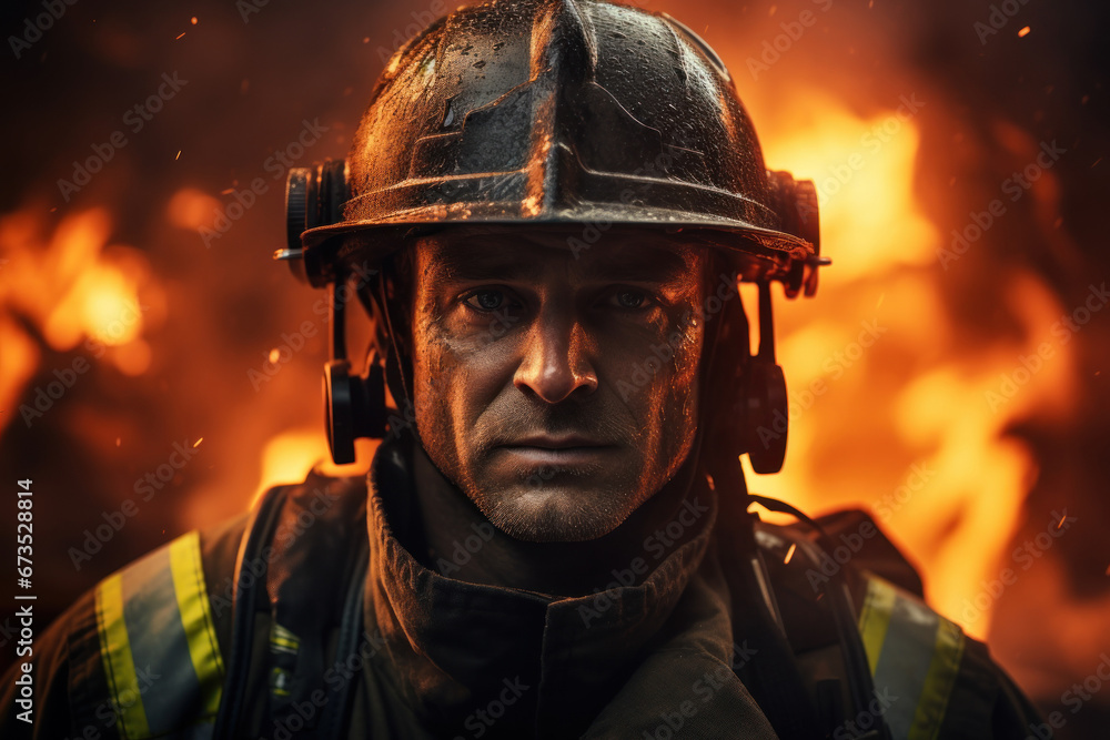 A confident firefighter stands ready in full gear amidst a blaze, demonstrating courage and dedication in protecting the community. Firefighter in action. Generative Ai. A confident firefighter stands ready in full gear amidst a blaze, demonstrating courage and dedication in protecting the community. Firefighter in action. Generative Ai.
