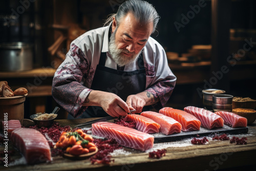 A master sushi chef expertly slices fresh sashimi, highlighting the precision and culinary excellence of Japanese cuisine. Sashimi preparation. Generative Ai.