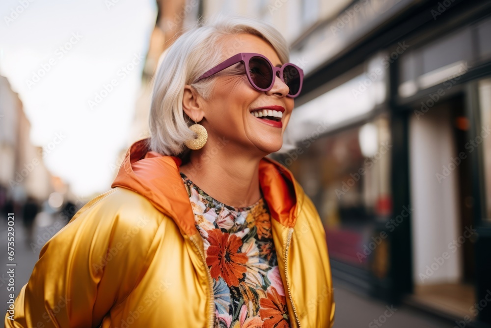 Close up portrait of happy senior woman in sunglasses and a yellow jacket walking on the street Close up portrait of happy senior woman in sunglasses and a yellow jacket walking on the street