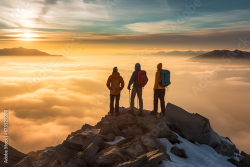 Three Adventurers Conquering the Clouds on a Majestic Mountain Peak photo