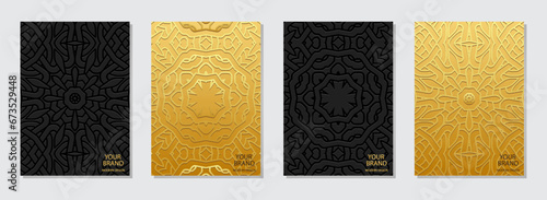 Set of covers, vertical templates. Original collection of relief geometric backgrounds with ethnic 3D pattern, gold texture. Unique boho style, ornaments of the East, Asia, India, Africa, Mexico photo