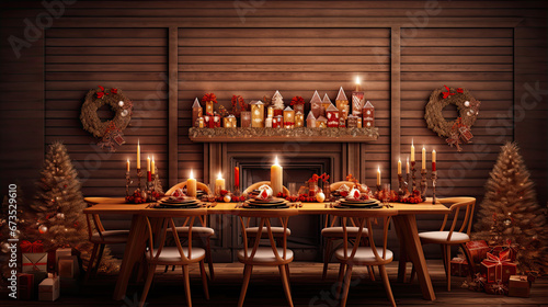Interior design of warm dinning room interior with christmas table  wooden console  christmas gifts  gingerbread  candle  star on wall christmas wreath and personal accessories. Home decor. Template.  