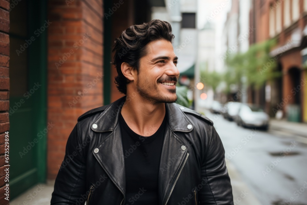 Portrait of a handsome young man in black leather jacket smiling on the street
