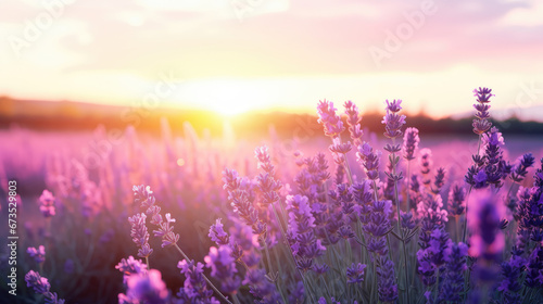 Wide field of lavender in summer sunset, panorama blur background. Autumn or summer lavender background. Shallow depth of field. photo