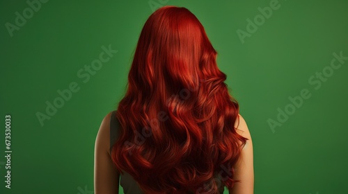 professional hair photo from the back, long red hair, green background 
