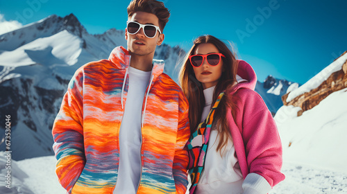retro couple in 80s, 90s y2k fashion clothes enjoying winter vacation photo