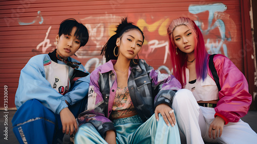 retro Asian fashion y2k teenagers with 80s 90s fashionable clothes, on streets with graffiti and hiphop clothes