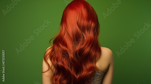 professional hair photo from the back, long red hair, green background 