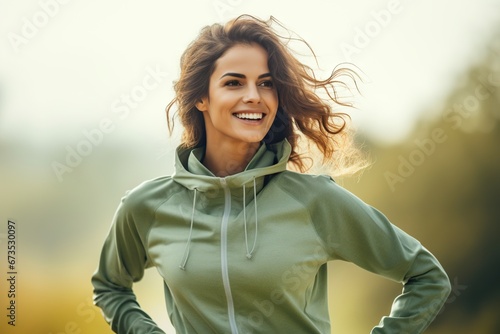 Smiling woman warming up for a morning workout outdoors, wearing light green activewear