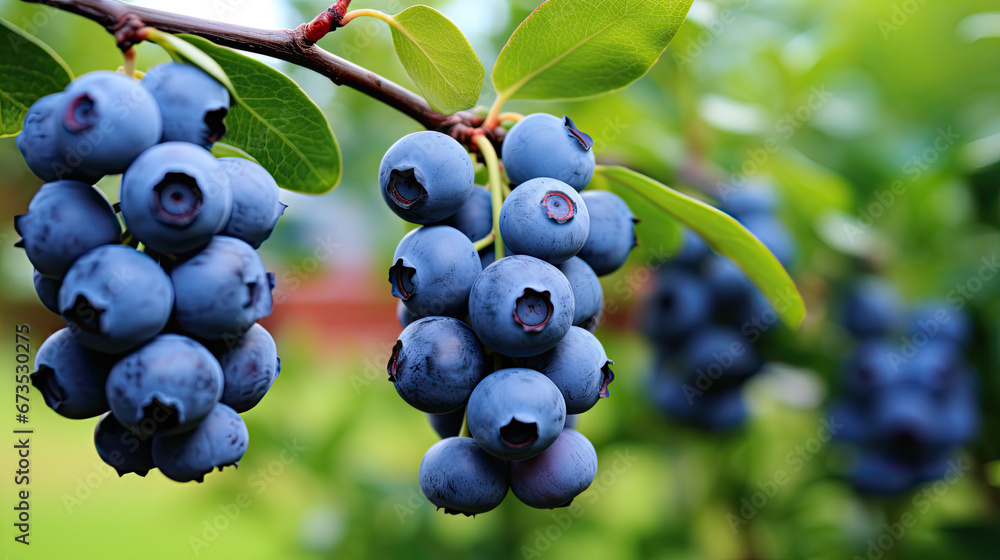 Ripe blueberries on the branches of a bush in the garden Ripe blueberries on the branches of a bush in the garden