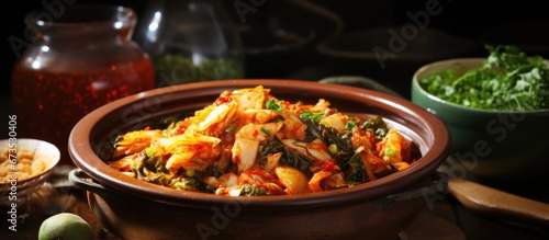 Hand cooked Korean cuisine where Kimchi cabbage is skillfully prepared resulting in a homemade fermented accompaniment