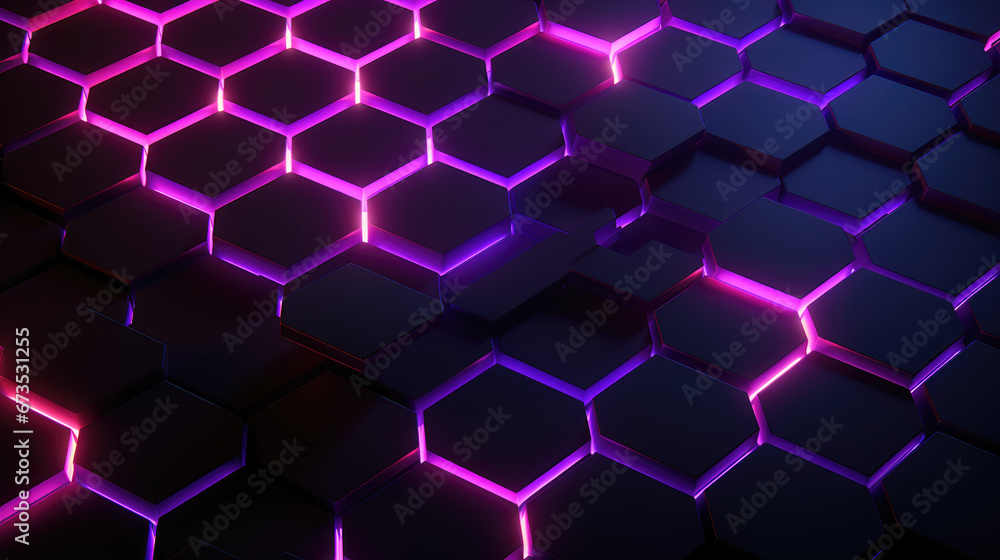 Fototapeta premium Dynamic Neon Hexagon Featuring Purple and Pink Shades Against a Dark Background