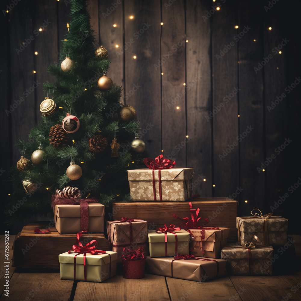 christmas gifts under the tree, wooden background