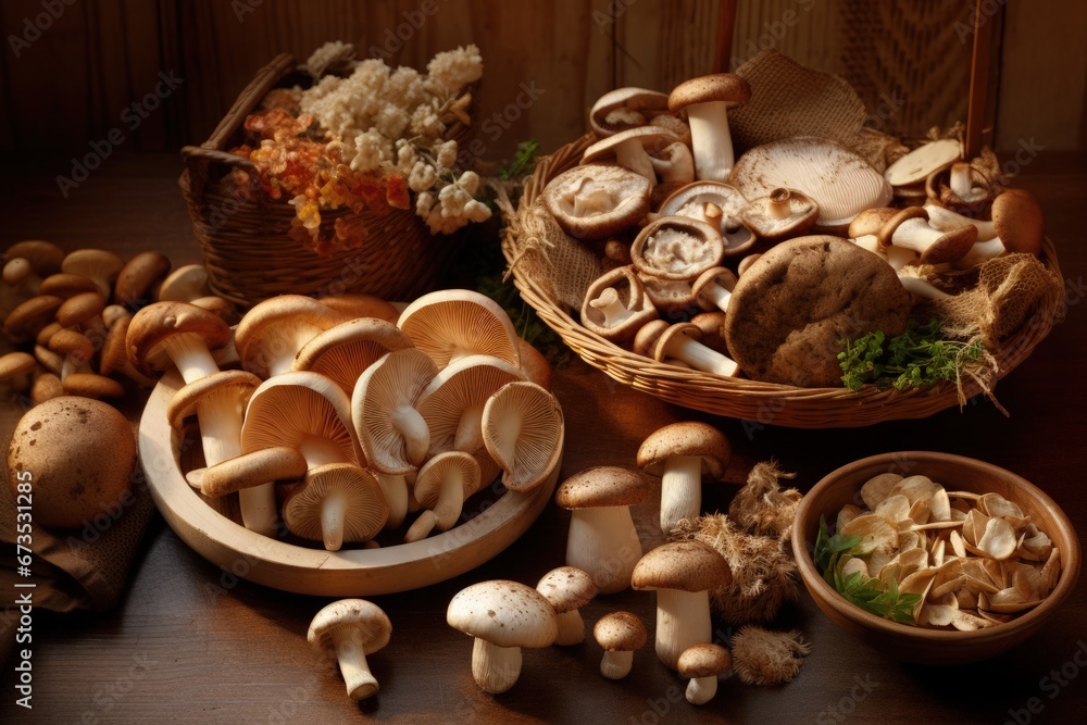 Mushroom Medley - Fresh Cremini, Shiitake and Oyster Mushrooms on Wooden Cutting Board Mushroom Medley - Fresh Cremini, Shiitake and Oyster Mushrooms on Wooden Cutting Board