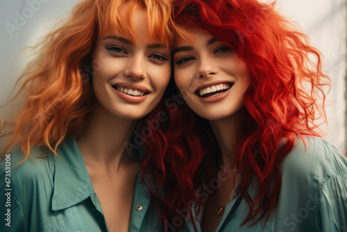 A pair of friends, one with vibrant red hair and the other with a striking shade of blue, capture a moment of shared laughter. Generative Ai.
