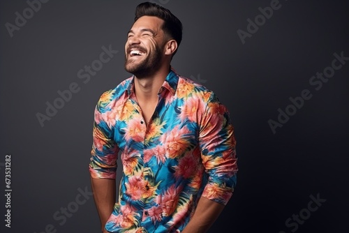 Handsome young man in a colorful shirt laughing against a dark background