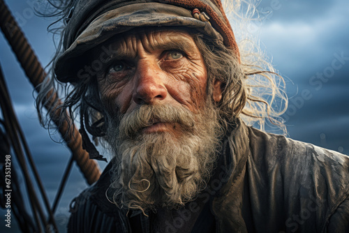 A seasoned sailor, his face weathered by the sea, embodies a lifetime of maritime adventures, showcasing the rugged beauty of a life at sea. Generative Ai.