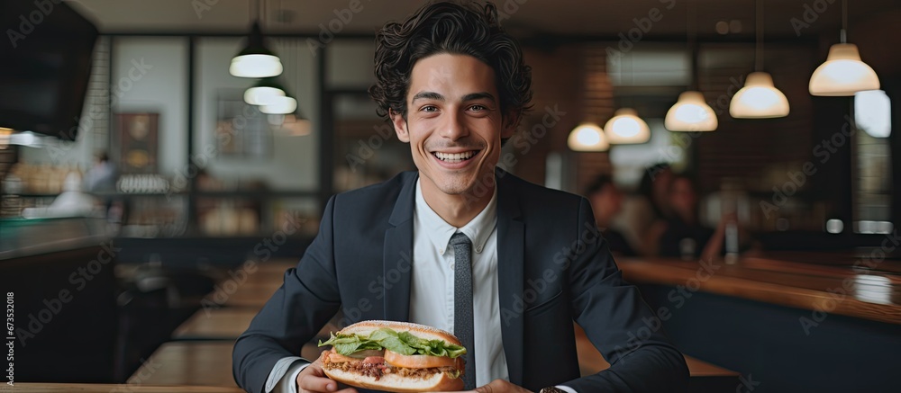 Joyful young entrepreneur enjoying a substantial deli sandwich at a caf