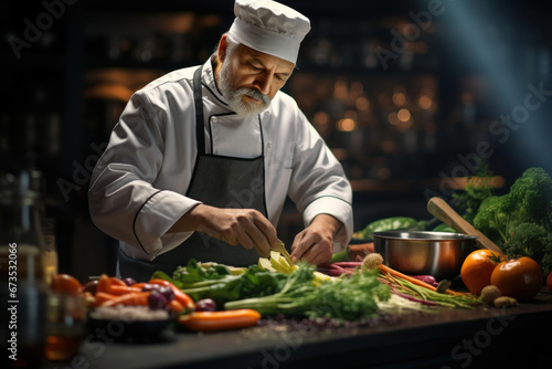 A seasoned chef  donning a chef s hat and uniform  prepares a fusion dish blending flavors from various global cuisines  representing the beauty of culinary innovation. Generative Ai.