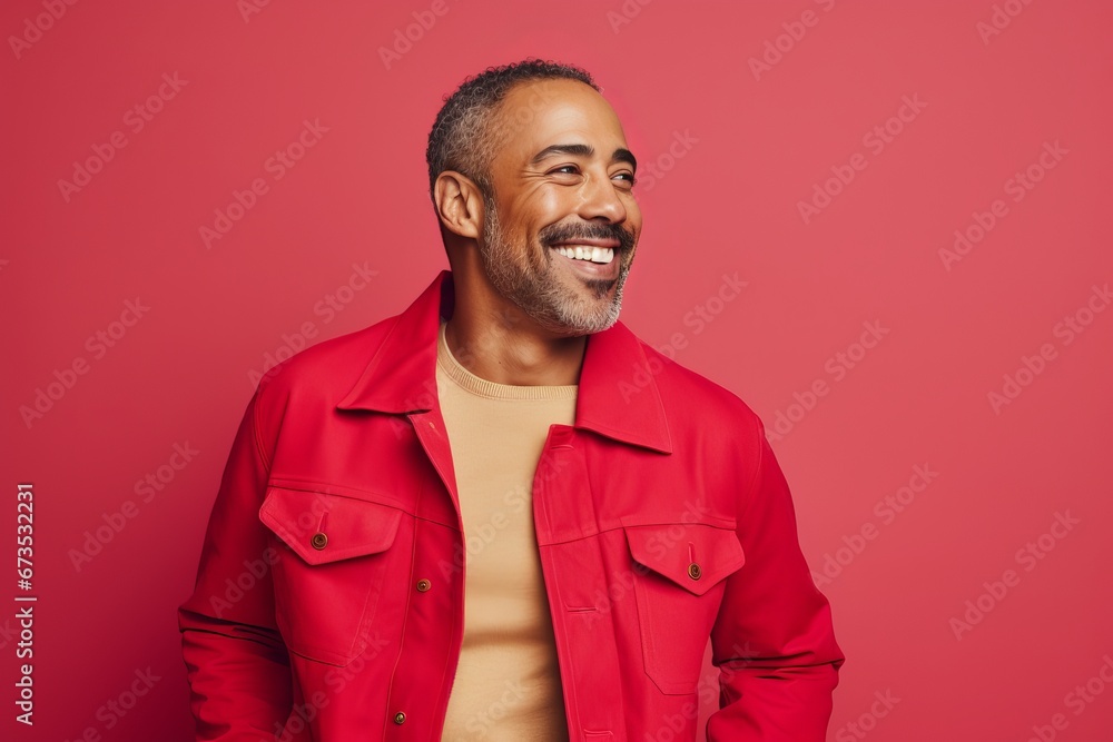 Cheerful african american man in red jacket on red background