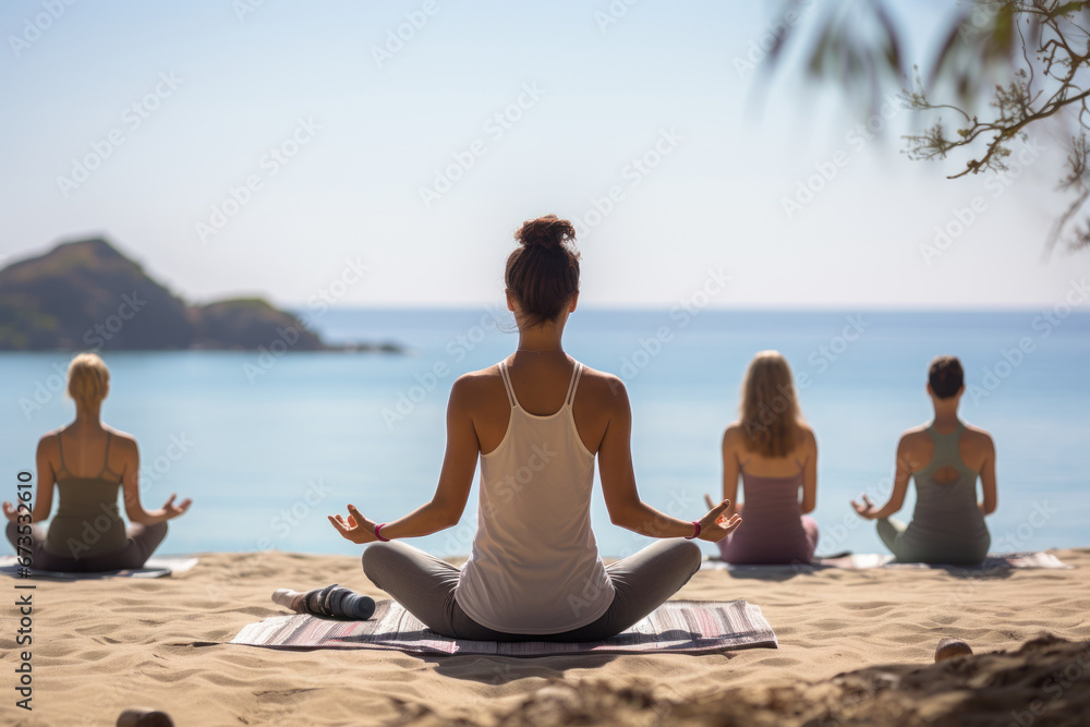 A yoga instructor leading a serene beach class, showing the happiness of mindfulness and well-being. Concept of health and inner peace. Generative Ai.