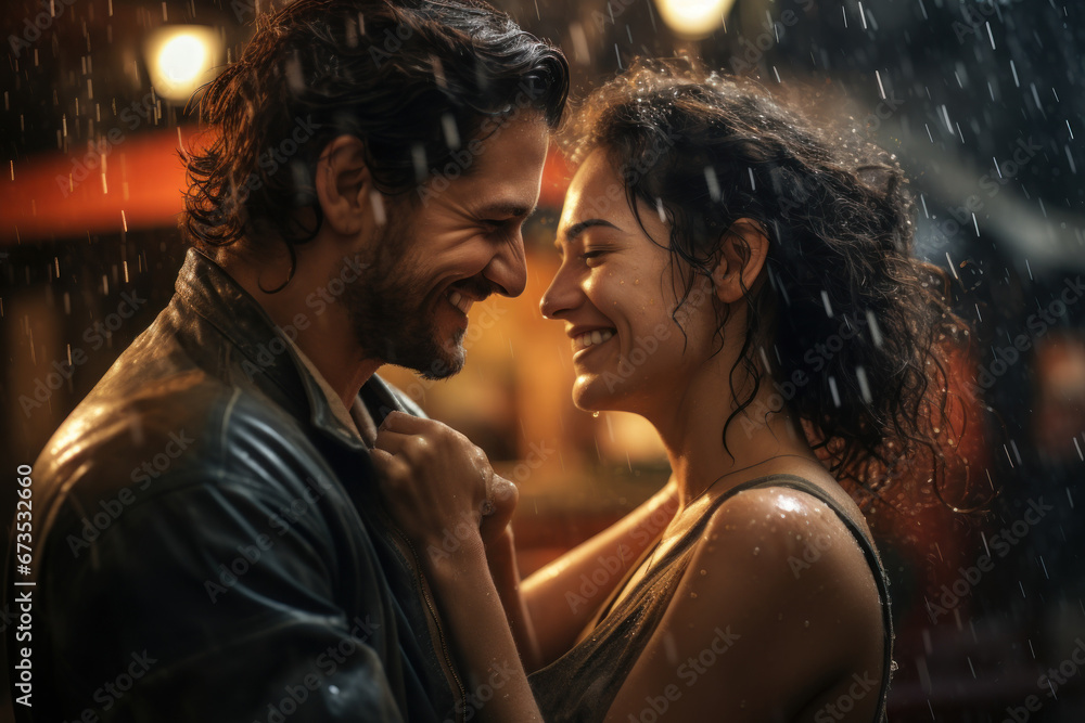 A couple joyfully dancing in the rain, embracing the simple pleasures of life. Concept of spontaneity and romantic moments. Generative Ai. A couple joyfully dancing in the rain, embracing the simple pleasures of life. Concept of spontaneity and romantic moments. Generative Ai.