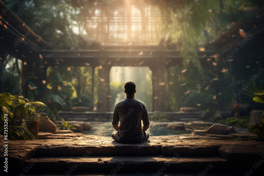 A person meditating in a tranquil garden, exuding the happiness of mindfulness and self-discovery. Concept of meditation and personal growth. Generative Ai. A person meditating in a tranquil garden, exuding the happiness of mindfulness and self-discovery. Concept of meditation and personal growth. Generative Ai.