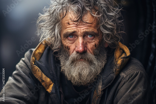 A homeless individual, looking weary and desolate on a city street. Concept of poverty and despair. Generative Ai.