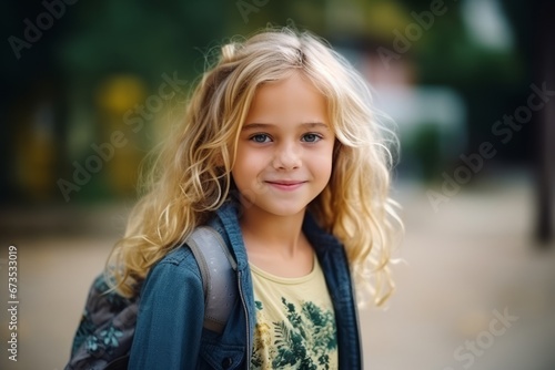 Portrait of a cute little girl with long blond curly hair.