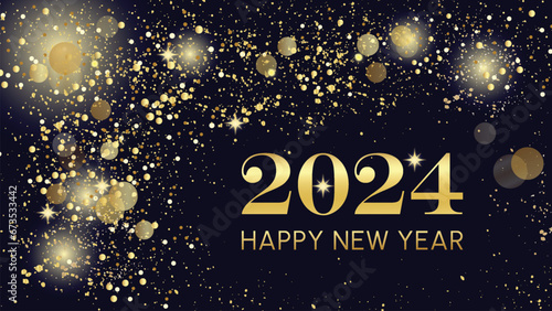  New Year shiny color gold design element. Card or banner to wish a happy new year with stars and circles in gold color. Gold christmas or celebration background. 2024. Gold and black