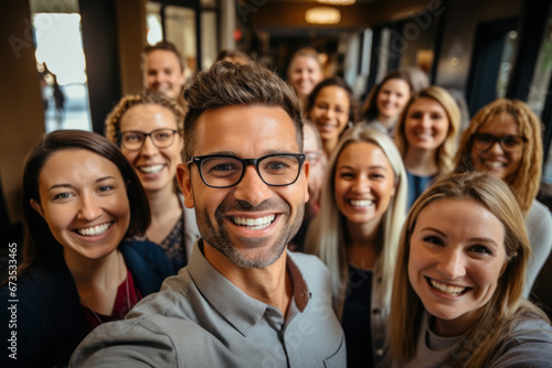 A startup founder shares a cheerful selfie with colleagues after securing funding from venture capitalists. Concept of entrepreneurship and investment. Generative Ai.