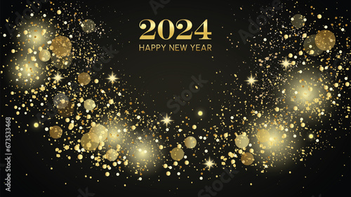 New Year shiny color gold design element. Card or banner to wish a happy new year with stars and circles in gold color. Gold christmas or celebration background. 2024. Gold and black