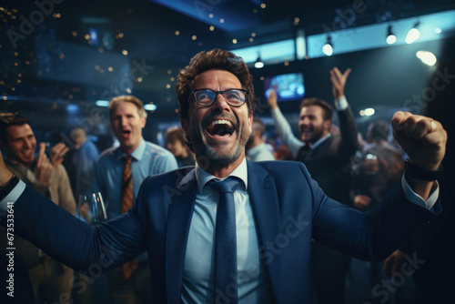 A male manager expresses his elation as he unveils a new, innovative product to a captivated audience. Concept of product launches and innovation. Generative Ai.