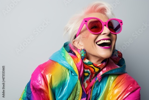 Fashionable blonde woman in pink sunglasses and rainbow jacket. Studio shot.