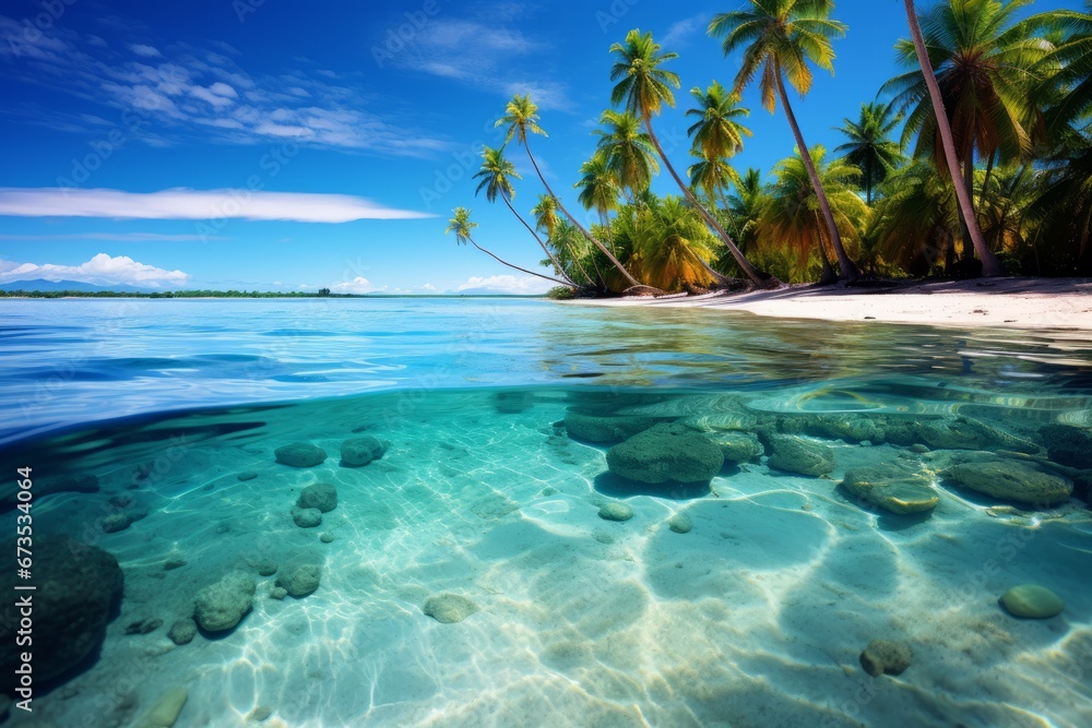 Tropical island with crystal clear waters and palm trees